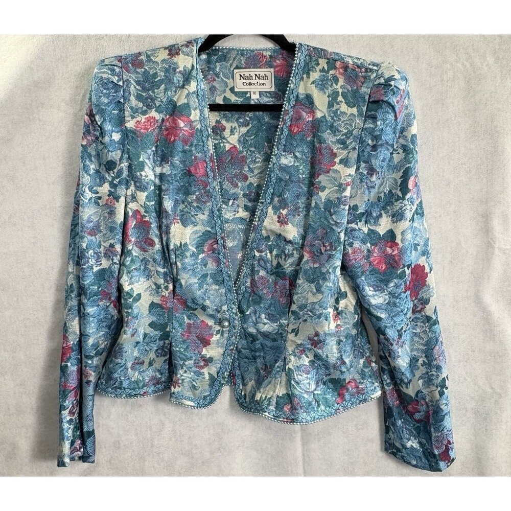 Vtg 80s NAH NAH‎ Collection Women Tapestry Pearl Hem Blazer Sz 10 Blue 39-1